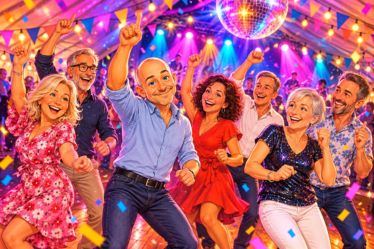Farverig illustration af glade voksne, der danser sammen i et festtelt med konfetti og diskolys
