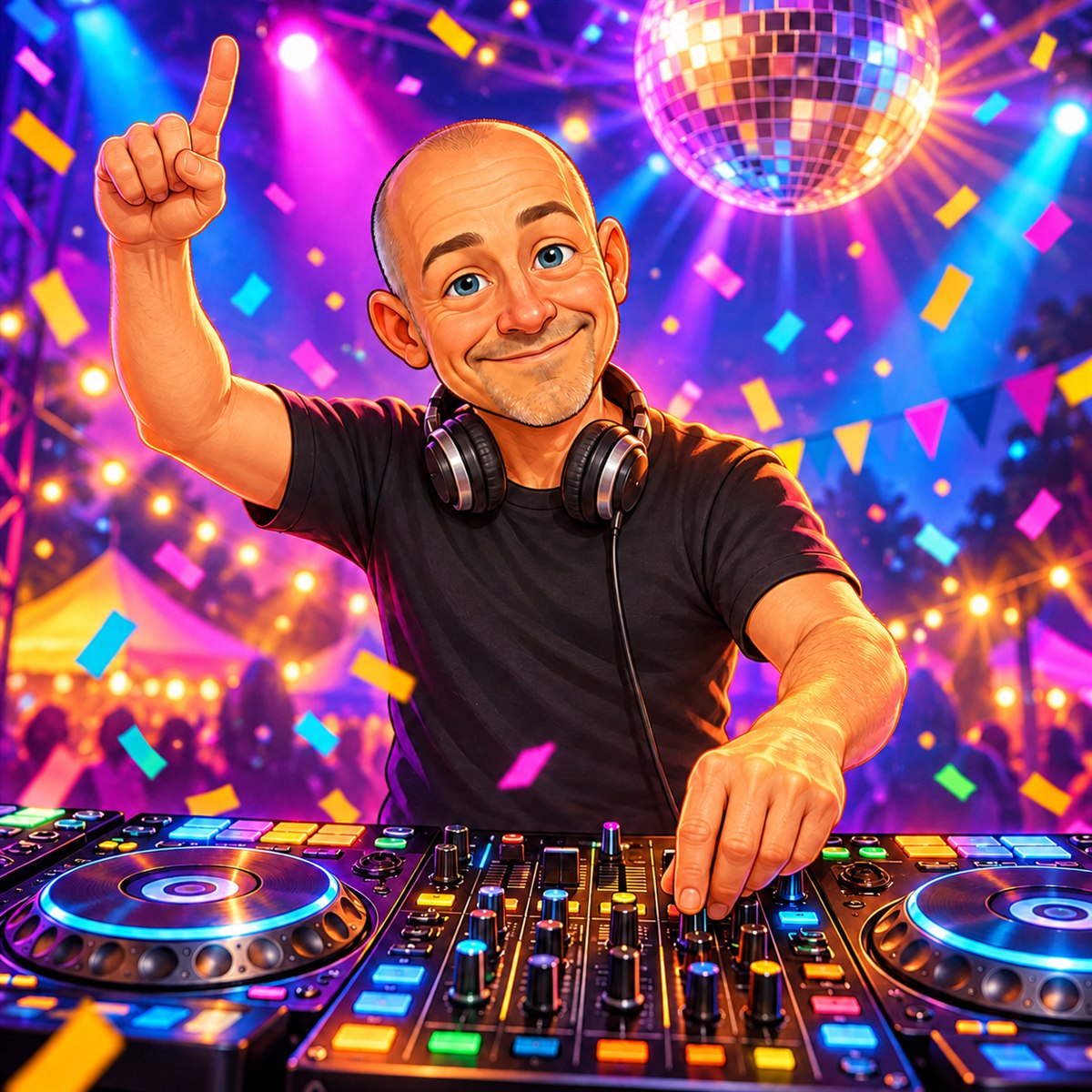Illustration af DJ Ti9tus bag DJ-pulten med hånden i vejret, farverige festlys, konfetti og diskokugle